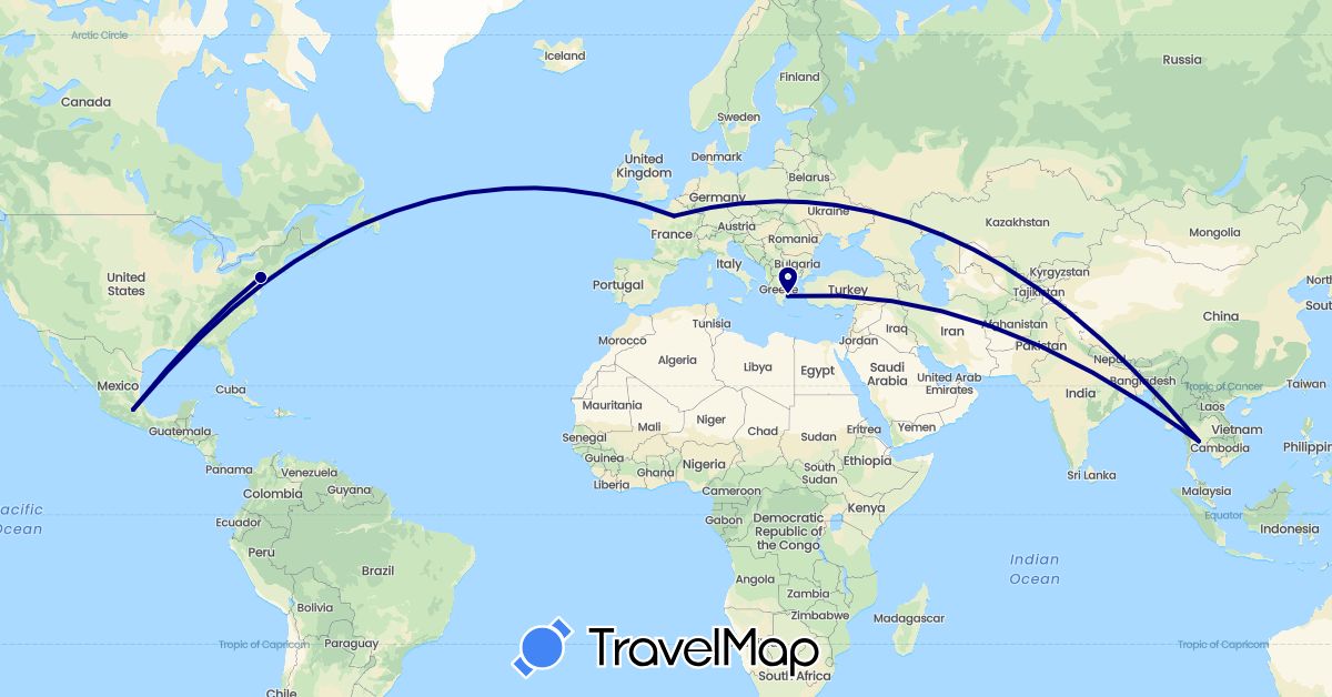 TravelMap itinerary: driving in France, Greece, Mexico, Thailand, United States (Asia, Europe, North America)